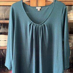 J Jill Pleated Neck Green Light Weight Sweater Sz. XL 3/4 Sleeve